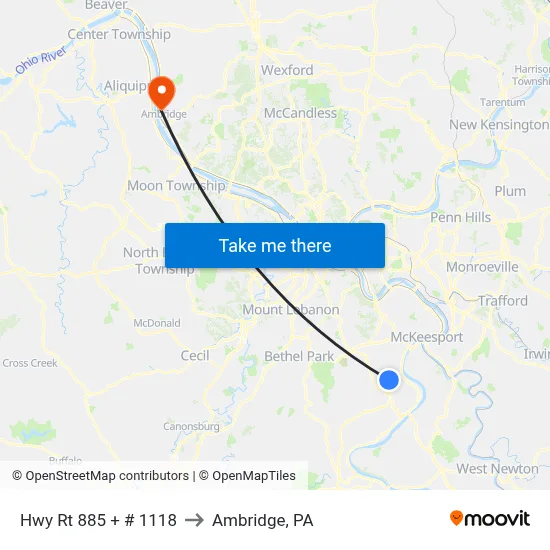 Hwy Rt 885 + # 1118 to Ambridge, PA map