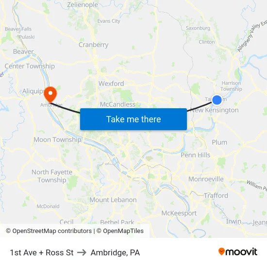 1st Ave + Ross St to Ambridge, PA map