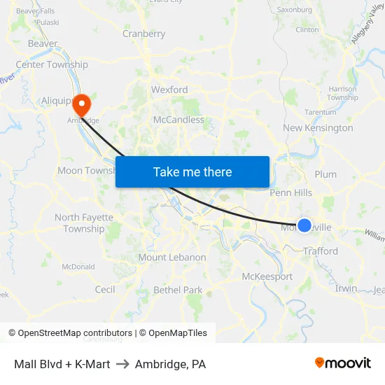 Mall Blvd + K-Mart to Ambridge, PA map