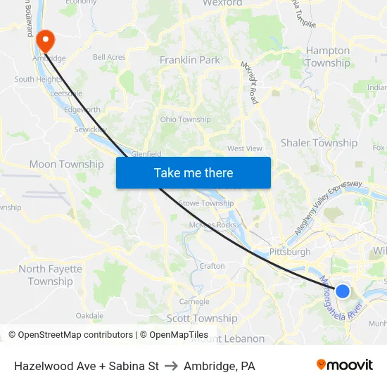 Hazelwood Ave + Sabina St to Ambridge, PA map
