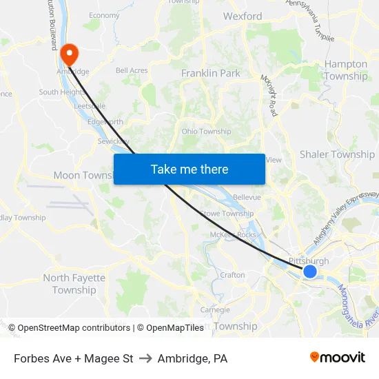 Forbes Ave + Magee St to Ambridge, PA map