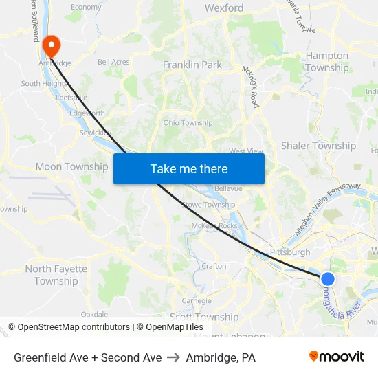 Greenfield Ave + Second Ave to Ambridge, PA map