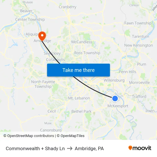 Commonwealth + Shady Ln to Ambridge, PA map