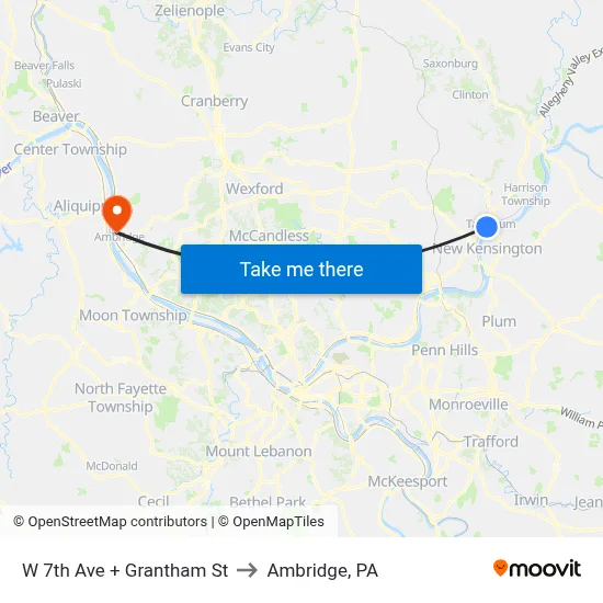 W 7th Ave + Grantham St to Ambridge, PA map