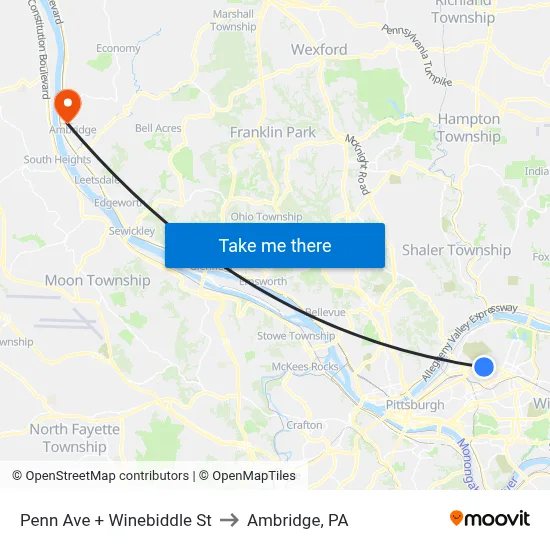 Penn Ave + Winebiddle St to Ambridge, PA map
