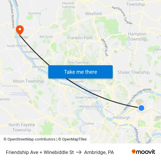 Friendship Ave + Winebiddle St to Ambridge, PA map