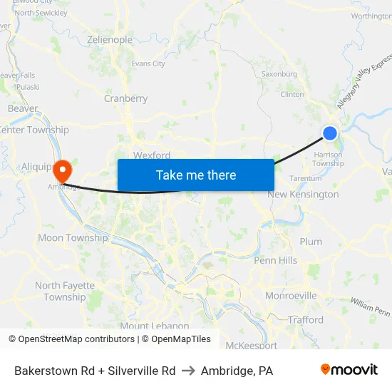 Bakerstown Rd + Silverville Rd to Ambridge, PA map