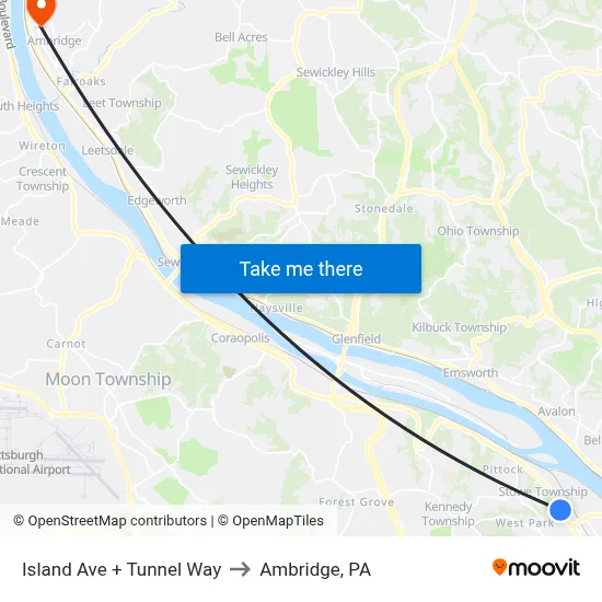 Island Ave + Tunnel Way to Ambridge, PA map