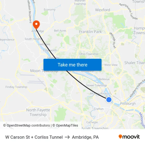 W Carson St + Corliss Tunnel to Ambridge, PA map