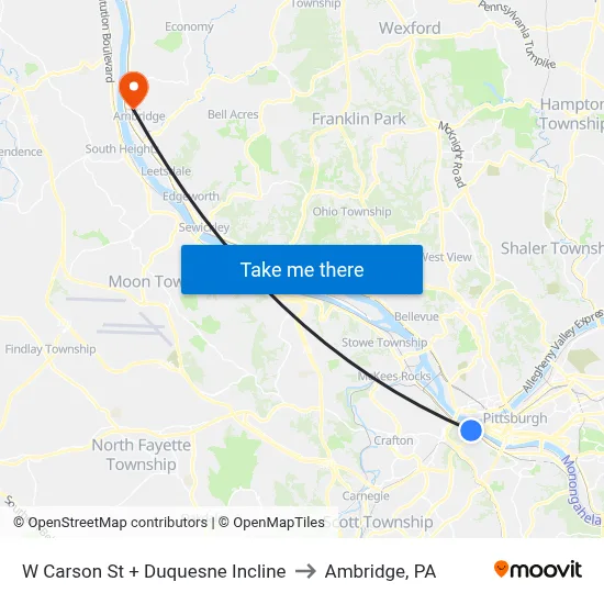 W Carson St + Duquesne Incline to Ambridge, PA map