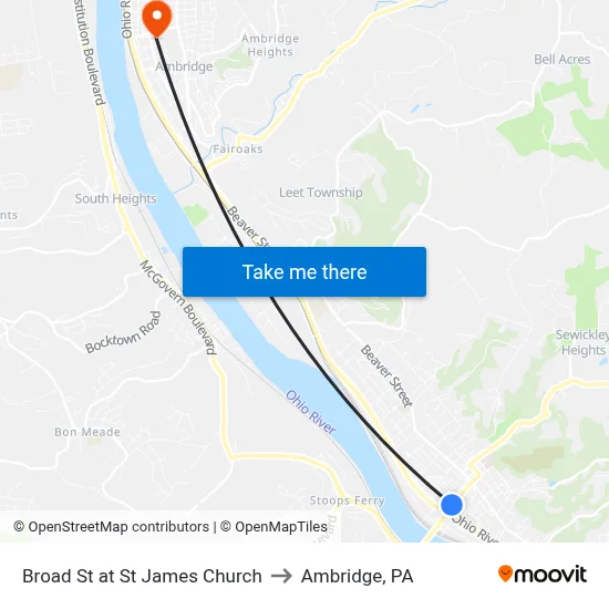 Broad St at St James Church to Ambridge, PA map