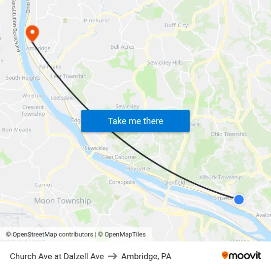 Church Ave at Dalzell Ave to Ambridge, PA map