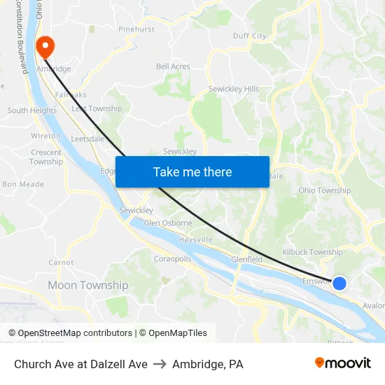 Church Ave at Dalzell Ave to Ambridge, PA map