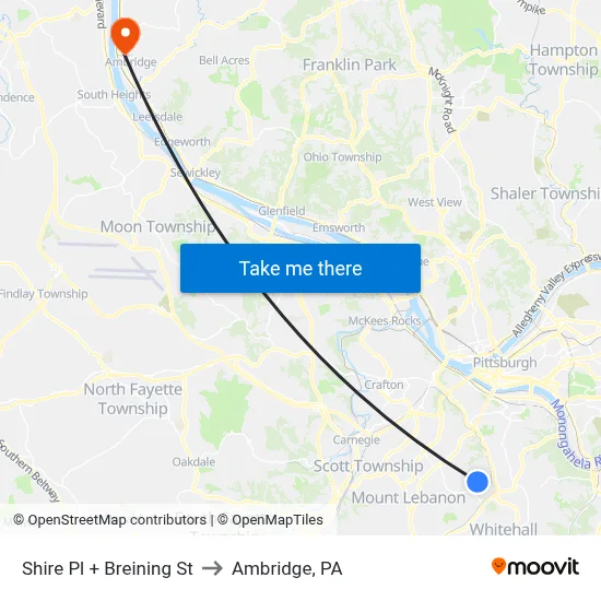 Shire Pl + Breining St to Ambridge, PA map