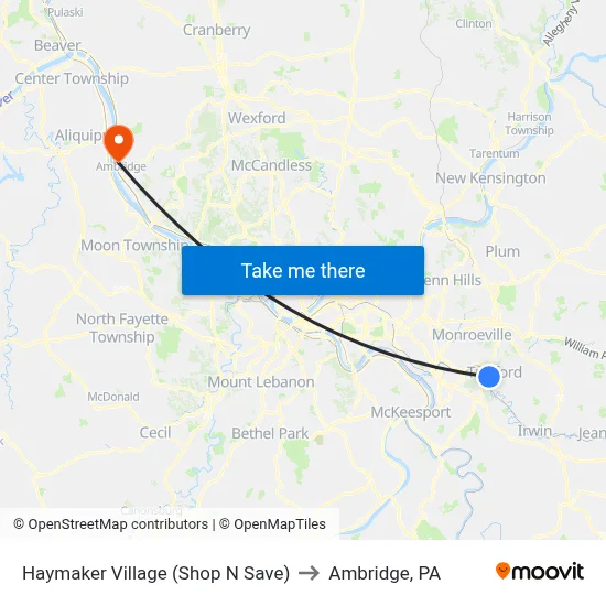 Haymaker Village (Shop N Save) to Ambridge, PA map