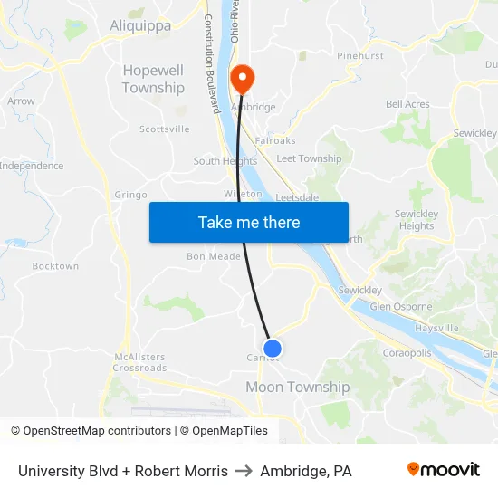 University Blvd + Robert Morris to Ambridge, PA map