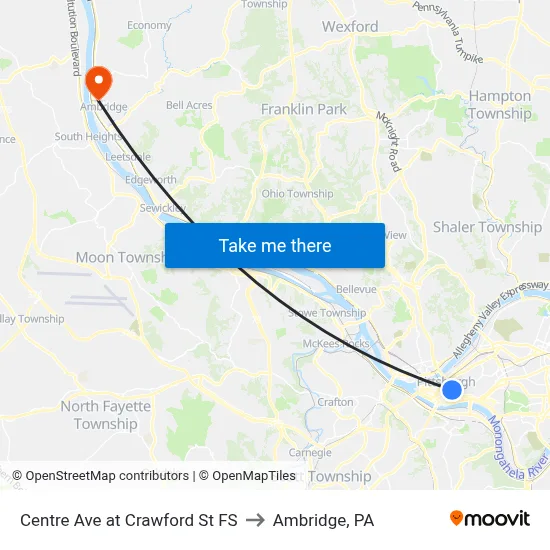 Centre Ave at Crawford St FS to Ambridge, PA map