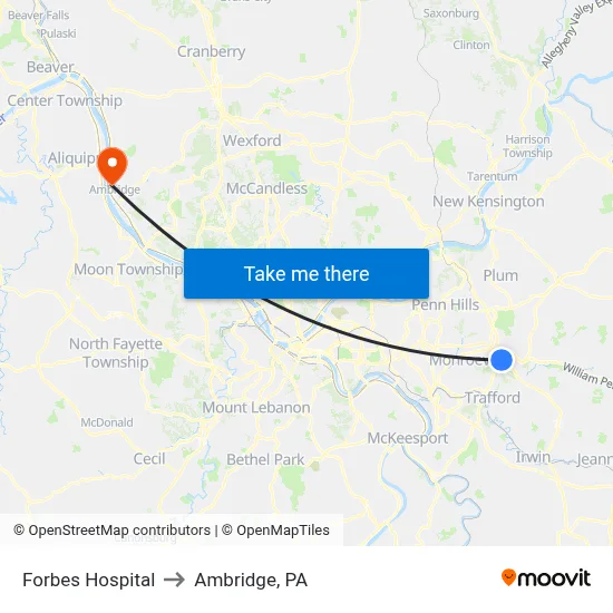 Forbes Hospital to Ambridge, PA map