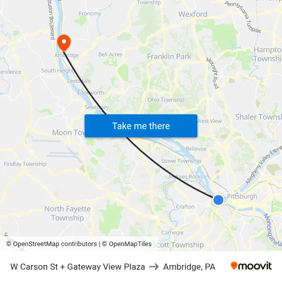 W Carson St + Gateway View Plaza to Ambridge, PA map