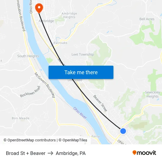 Broad St + Beaver to Ambridge, PA map