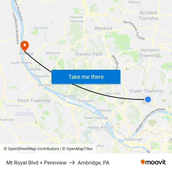 Mt Royal Blvd + Pennview to Ambridge, PA map