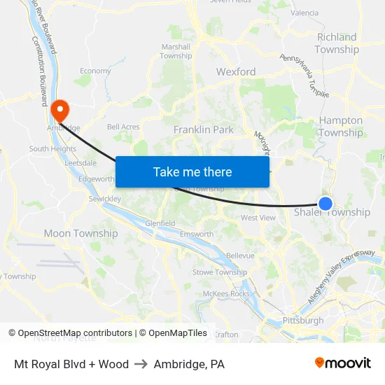 Mt Royal Blvd + Wood to Ambridge, PA map
