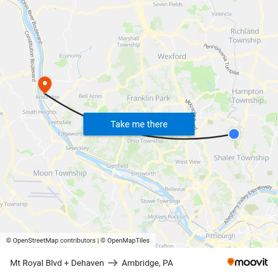 Mt Royal Blvd + Dehaven to Ambridge, PA map