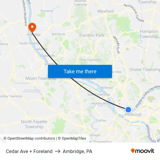Cedar Ave + Foreland to Ambridge, PA map