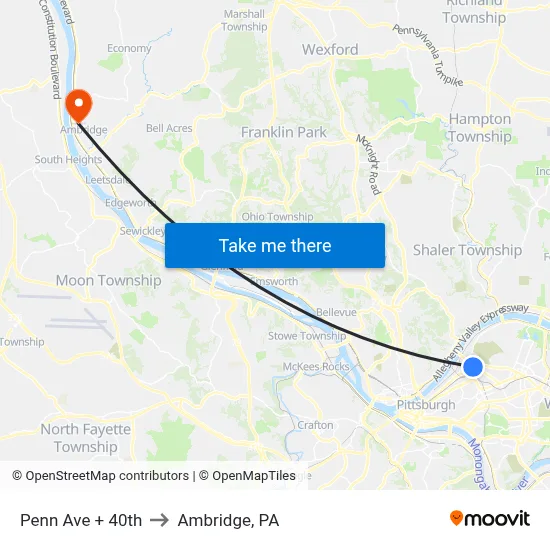 Penn Ave + 40th to Ambridge, PA map