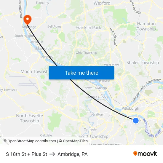 S 18th St + Pius St to Ambridge, PA map