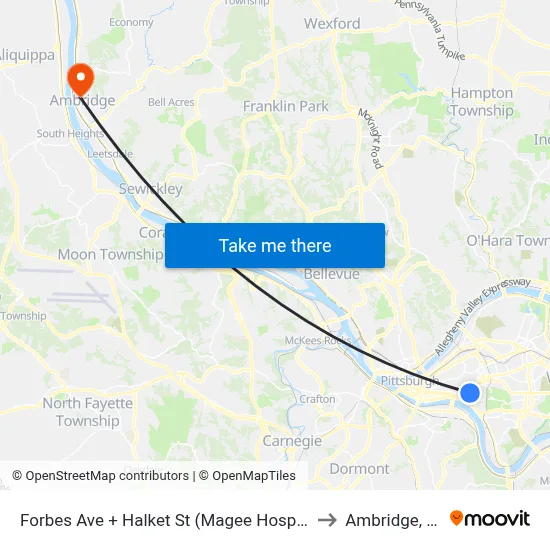Forbes Ave + Halket St (Magee Hospital) to Ambridge, PA map