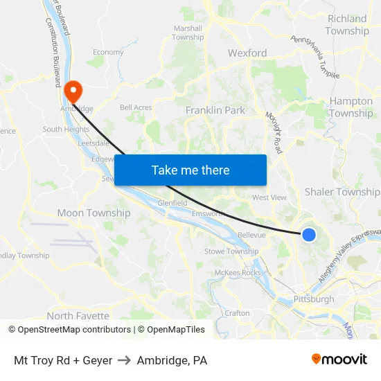 Mt Troy Rd + Geyer to Ambridge, PA map