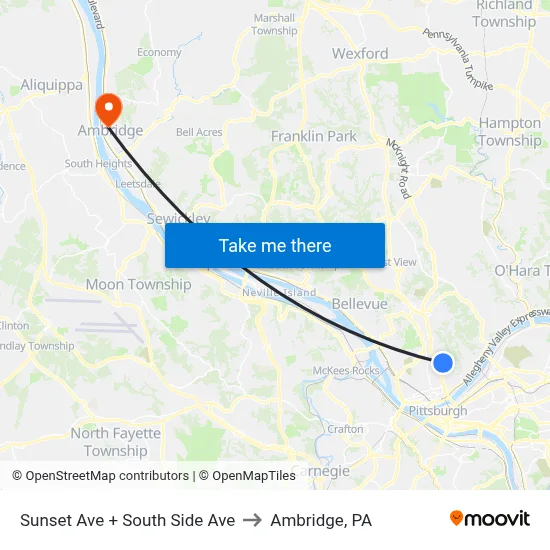 Sunset Ave + South Side Ave to Ambridge, PA map