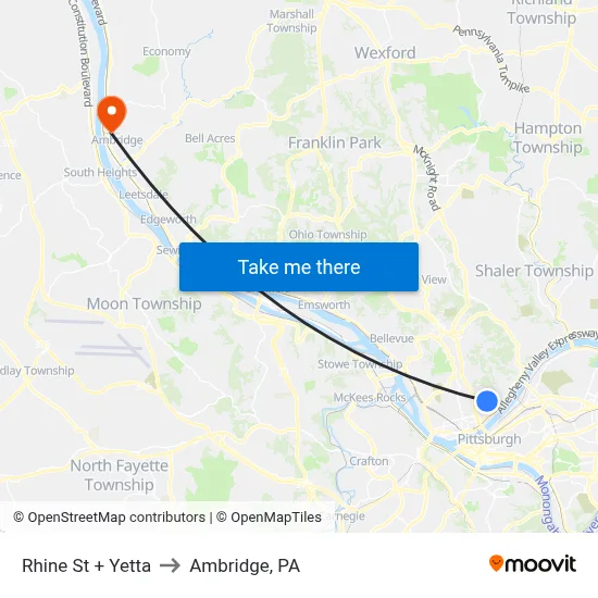 Rhine St + Yetta to Ambridge, PA map