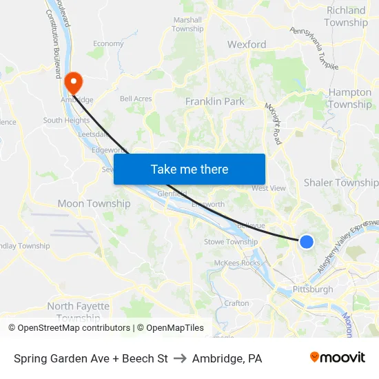 Spring Garden Ave + Beech St to Ambridge, PA map