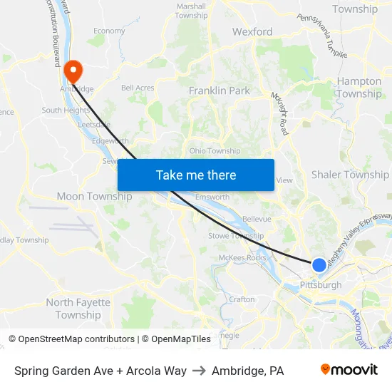 Spring Garden Ave + Arcola Way to Ambridge, PA map