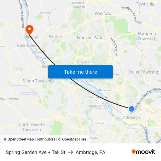 Spring Garden Ave + Tell St to Ambridge, PA map