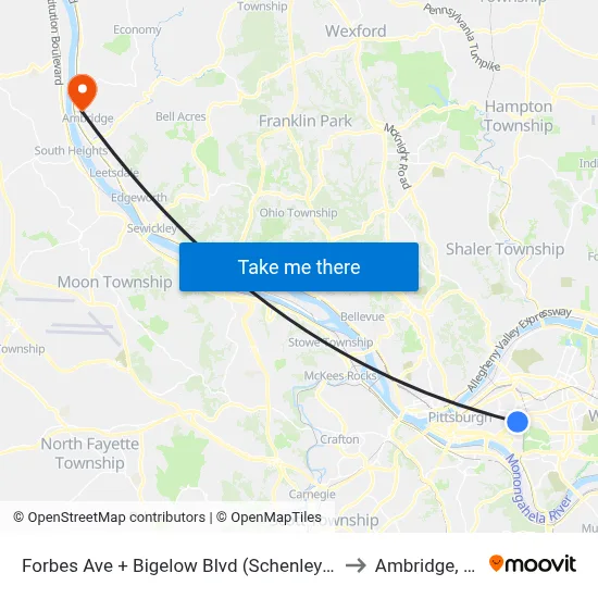 Forbes Ave + Bigelow Blvd (Schenley Dr) to Ambridge, PA map