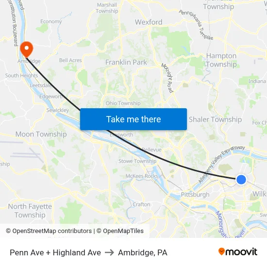 Penn Ave + Highland Ave to Ambridge, PA map