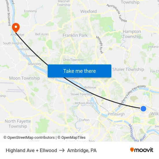 Highland Ave + Ellwood to Ambridge, PA map