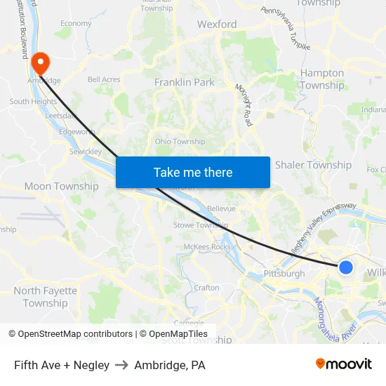 Fifth Ave + Negley to Ambridge, PA map