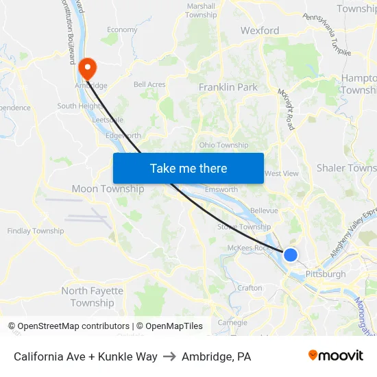 California Ave + Kunkle Way to Ambridge, PA map