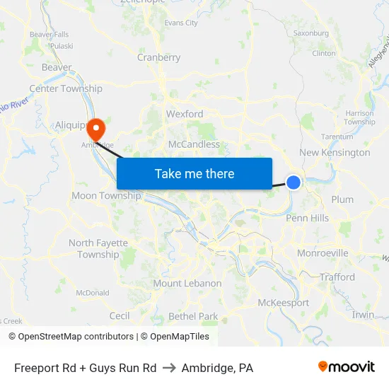 Freeport Rd + Guys Run Rd to Ambridge, PA map