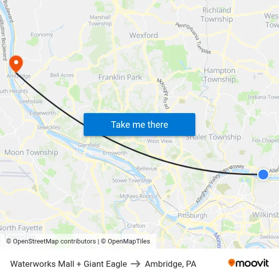 Waterworks Mall + Giant Eagle to Ambridge, PA map