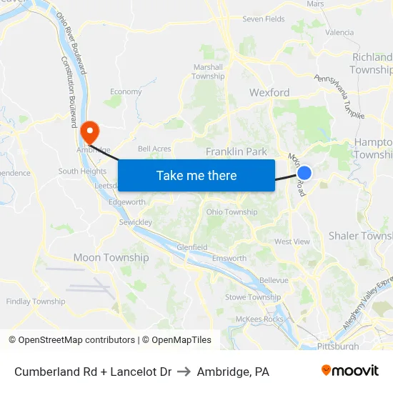 Cumberland Rd + Lancelot Dr to Ambridge, PA map