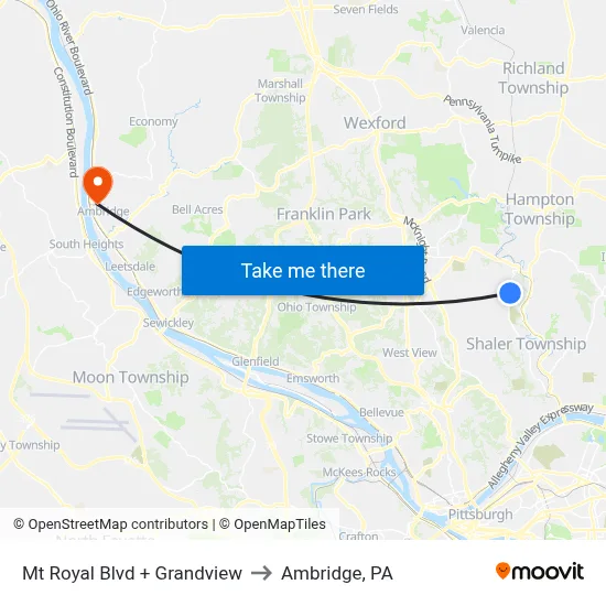 Mt Royal Blvd + Grandview to Ambridge, PA map