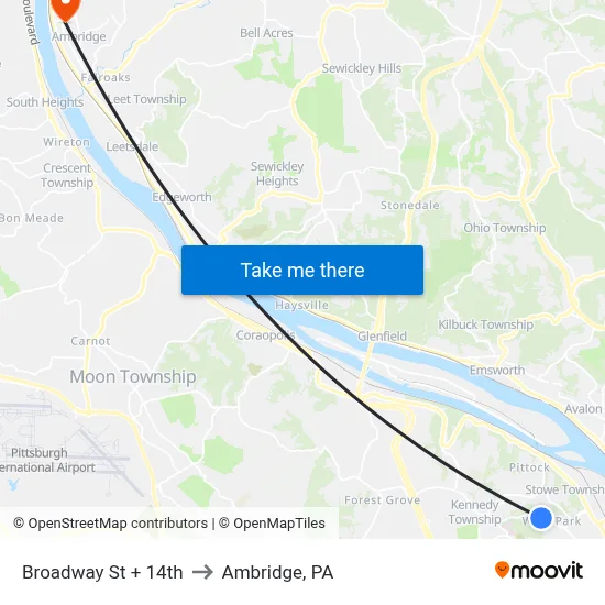 Broadway St + 14th to Ambridge, PA map