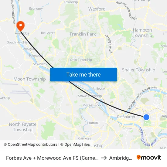 Forbes Ave + Morewood Ave FS (Carnegie Mellon) to Ambridge, PA map
