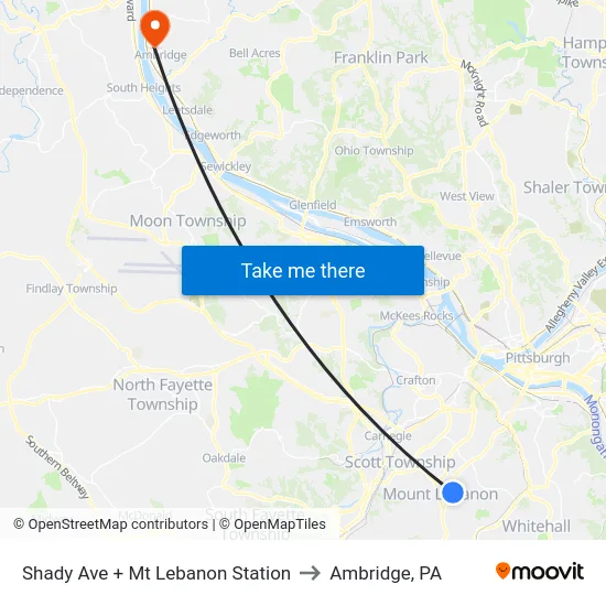 Shady Ave + Mt Lebanon Station to Ambridge, PA map