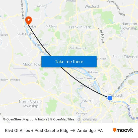 Blvd Of Allies + Post Gazette Bldg to Ambridge, PA map